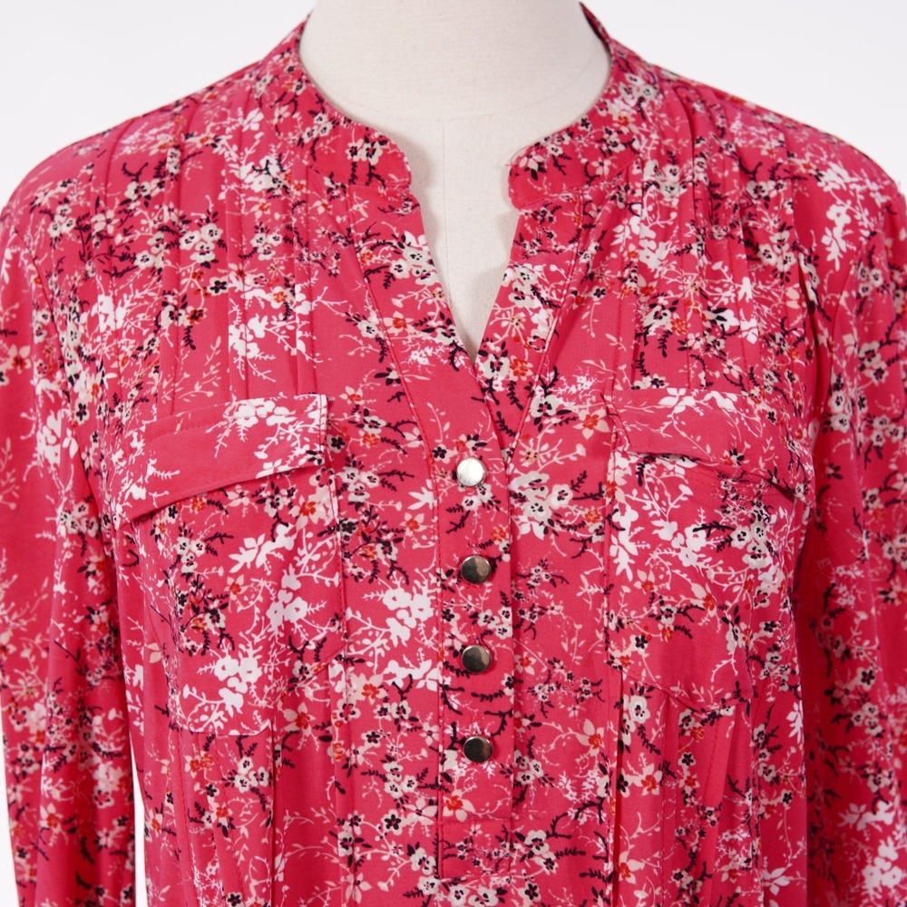 Ava & Grace Women's Medium Pink Floral Top Blouse Split Neck Roll Tab Sleeve